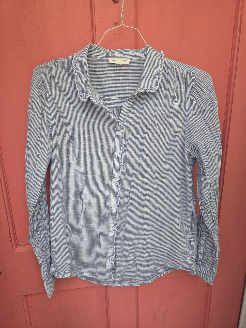 beachlunchlounge Blue and White Striped Ruffle Collar Button-Down Shirt